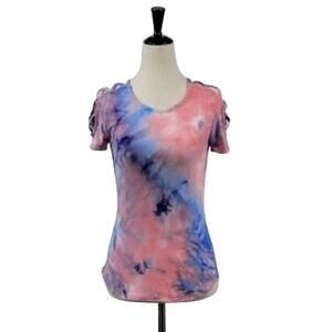 DEREK HEART tie dye short sleeve blue PINK PURPLE NEW teen SMALL bare shoulder